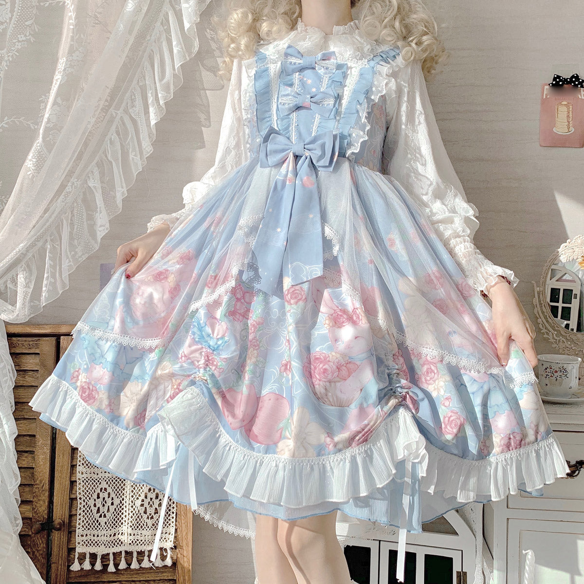 Sweet Lolita Cupcake Cat Print JSK Dress with Lace Ruffles Big Bow Kawaii Princess Style